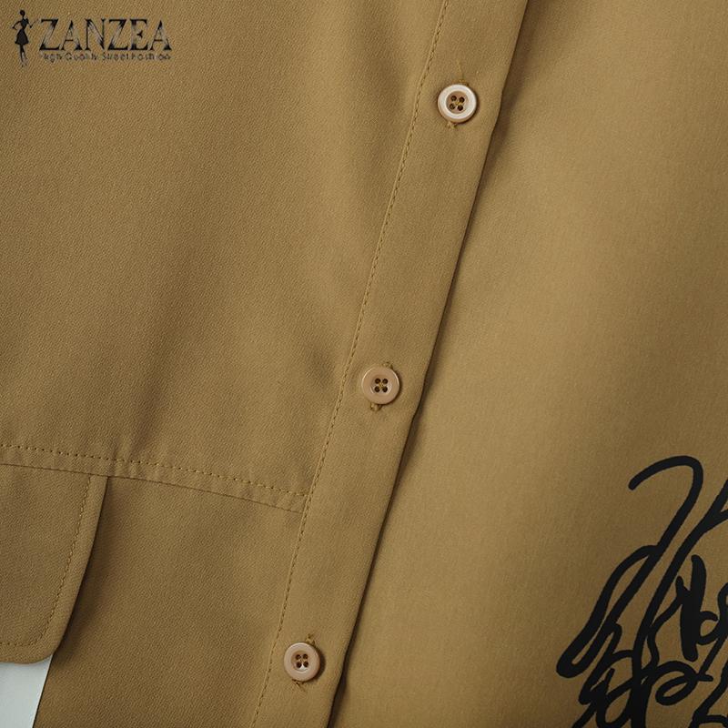 ZANZEA Damen Bluse mit Umlegekragen und kurzen Ärmeln, unregelmäßigem Saum und lässigem Print