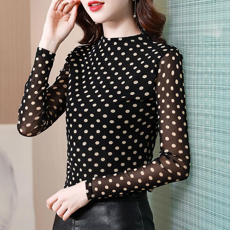 Spring and Autumn New Mesh Top Turtleneck Bottom Shirt Women's Thin Large Size Yarn Slim Versatile Long Sleeve T-Shirt