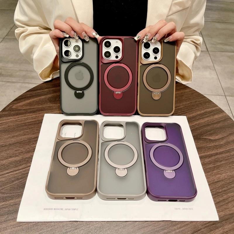 New Foldind Stand Holder Magsafe Phone Case for For Iphone 16 15 14 13 Pro Max Plus Desert Titanium Gold Magnetic Cover