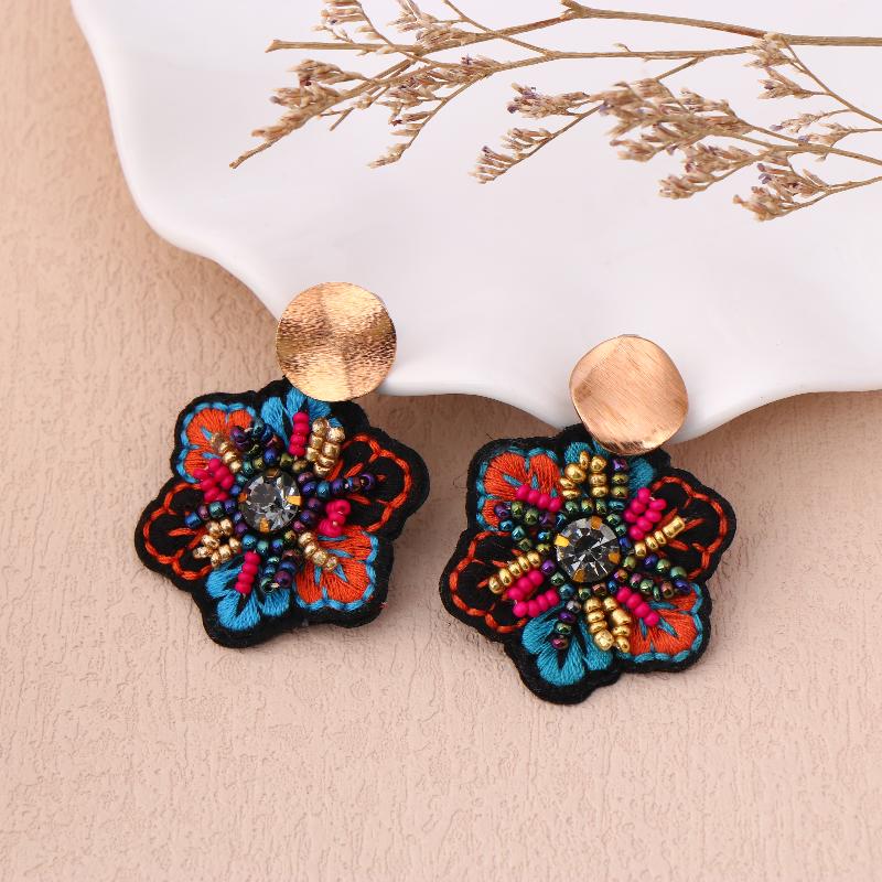 

Handmade Embroidered Flower Dangle Earrings For Women Boho Elegant Colorful Rice Beads Decor Earrings Jewelry Gift синий