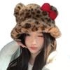 Leopard Print Bow KT Cat Plush Fisherman Hat for Women, Cute, Face-Slimming, Warm and Cold-Resistant Bucket Hat for Autumn and Winter