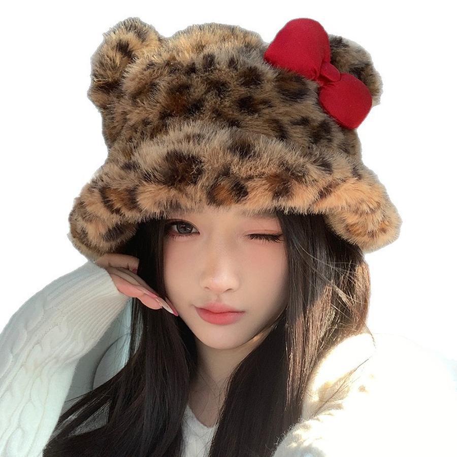 Leopard Print Bow KT Cat Plush Fisherman Hat for Women, Cute, Face-Slimming, Warm and Cold-Resistant Bucket Hat for Autumn and Winter