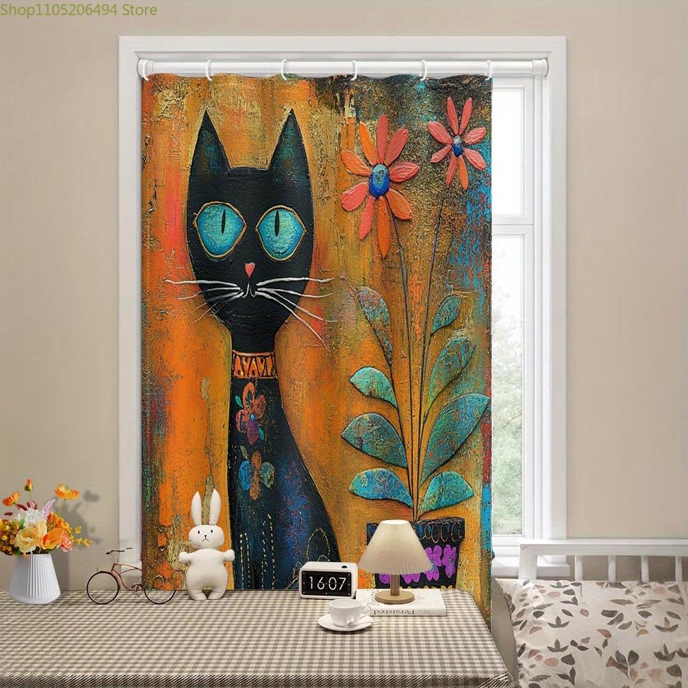 1Pc Bohemian Style Black Cat And Floral Pattern Printed Shower Curtain, Modern Art Style Bathroom Home Decor With Plastic Hook