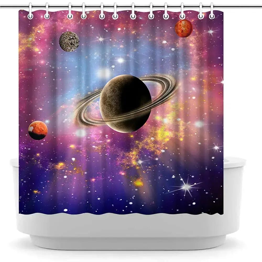 Planet Solar System Shower Curtain with Hooks Pack Universe Galaxy Space Educational Planetary Orbit Decor Fabric Bathroom Set