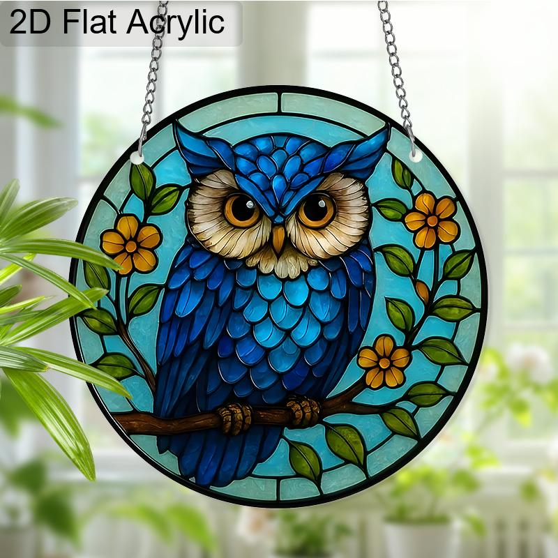Acrylic Blue Owl with Yellow Flowers Suncatcher, Stained Glass Effect Window Hanging Ornament for Bird & Nature Lover Gifts
