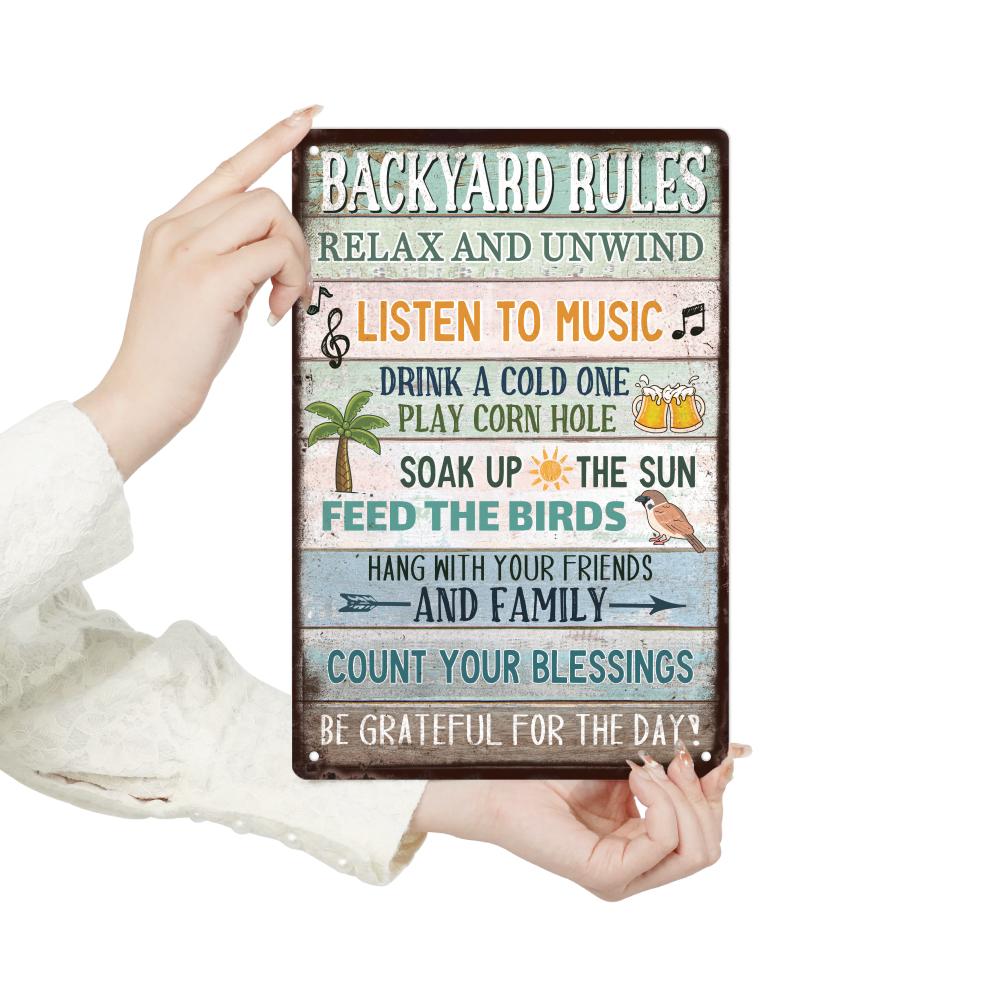 Backyard Rules Vintage Metal Tin Sign, Relax And Unwind, Wall Art Decor For Home Backyard Garden Farm Park, 7.8 X 11.8 Inches