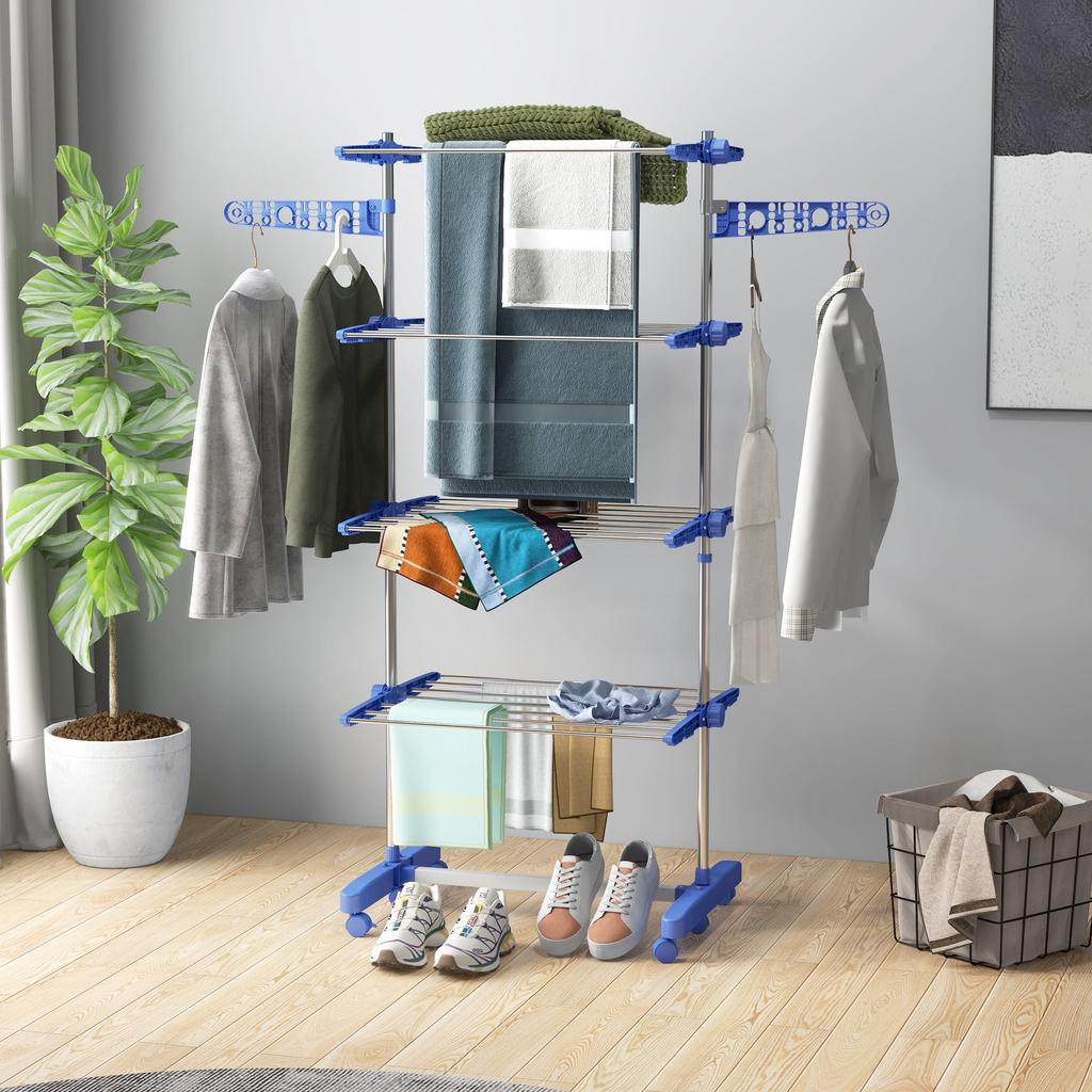 Four-Shelf Collapsing Clothes Horse, With Side Arms and Wheels - Blue