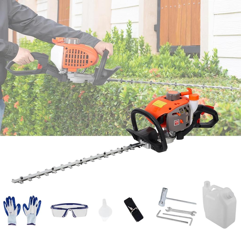Gas Hedge Trimmer with Double Side Blade,  2 Cycle Gas Powered Hedge Trimmer, 2 Stroke Fuel-efficient Low Voice Gas Bush Cutter