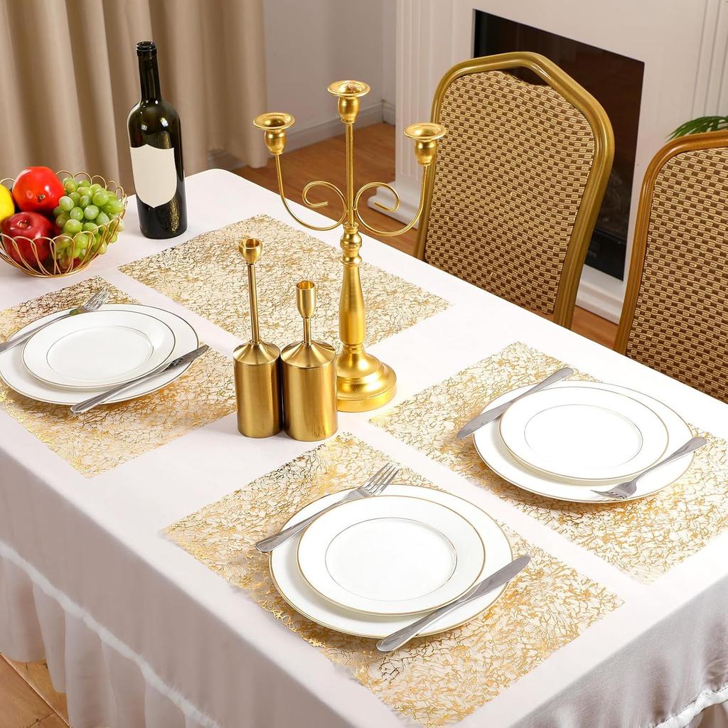 12 Pcs Gold Disposable Placemats Bulk 12 x 18 Inch Gold Doilies Metallic Glitter Rectangle Foil Placemats Table Decoration Dining Place mats for