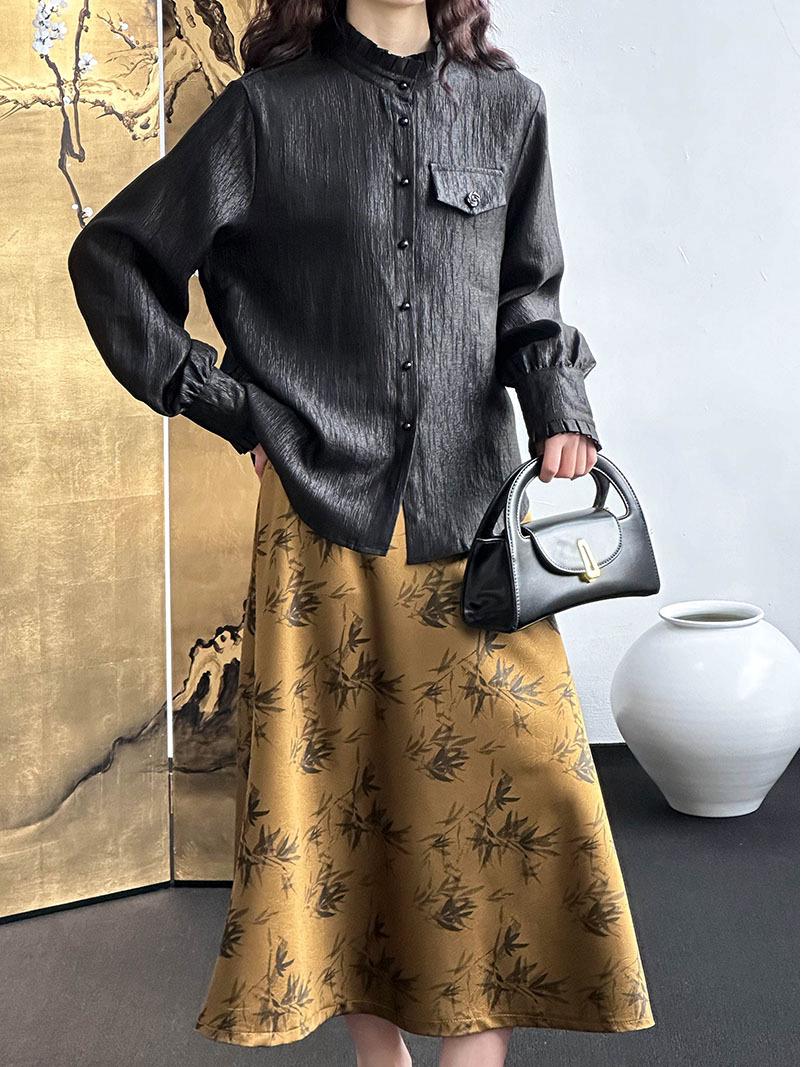 

Оранжевая женская корейская блузка с цветочным принтом и воротником-стойкой, с длинным рукавом - Мода весна 2025 F27 Large чёрный