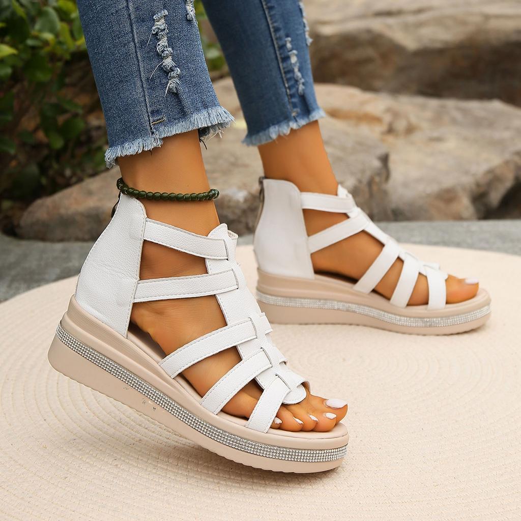 2025 Summer Women's Shoes Fashion Solid Color Multi Strap Combination Thick Bottom Zipper Water Diamond Design Cool Slippers