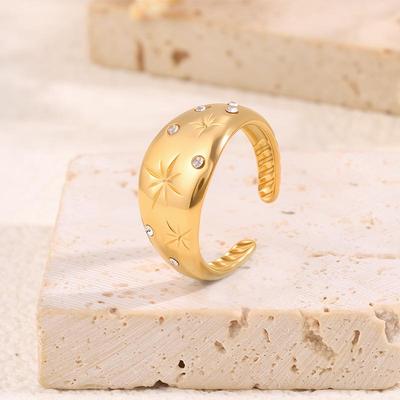 European Eight-Pointed Star Rhinestone Titanium Steel Ring for Women - New 18K Gold Electroplated, Durable and Elegant.
