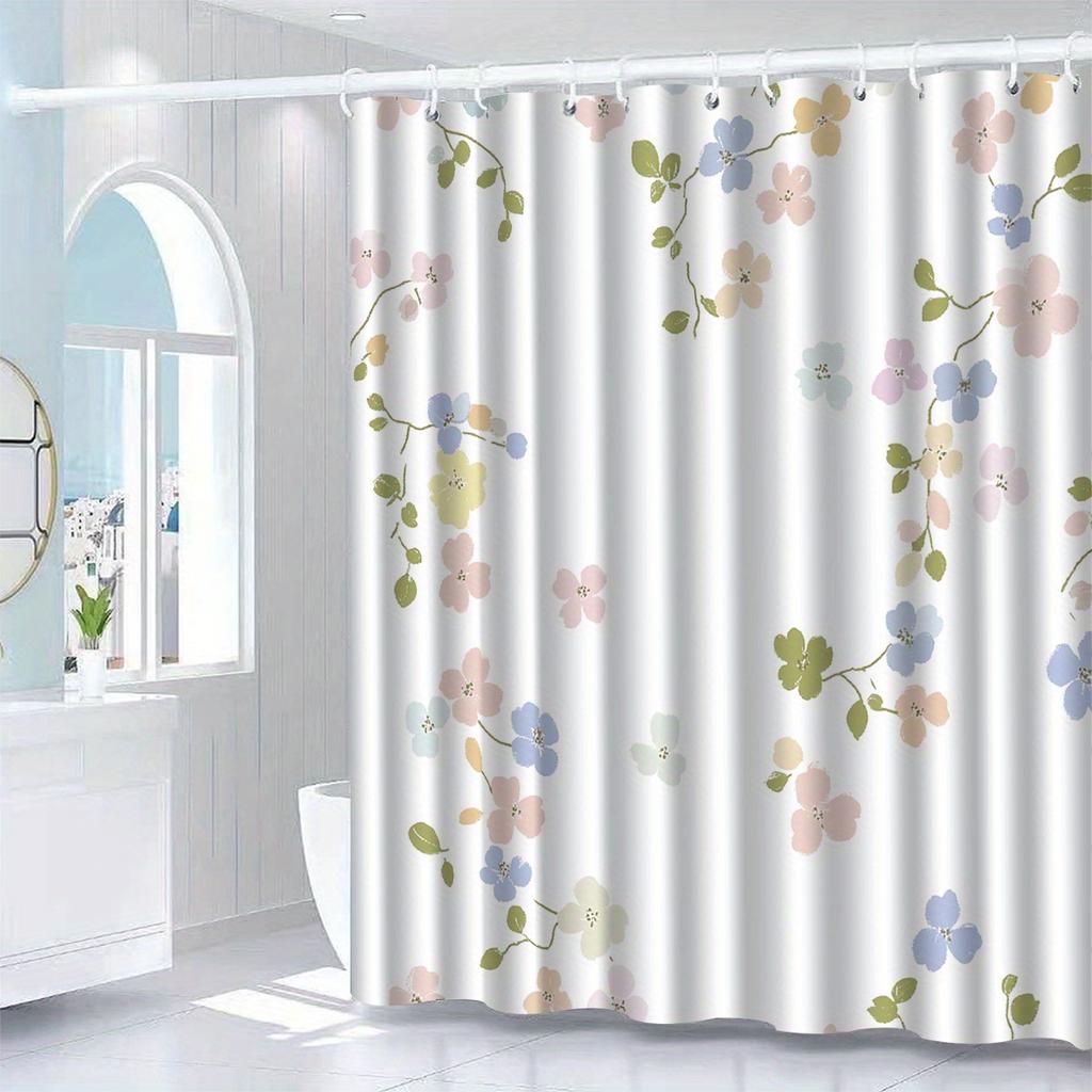 Floral Pattern Shower Curtain - Polyester Woven, Machine Washable, Includes 12 Hooks, All-Season Home Decor, Bathroom Partition