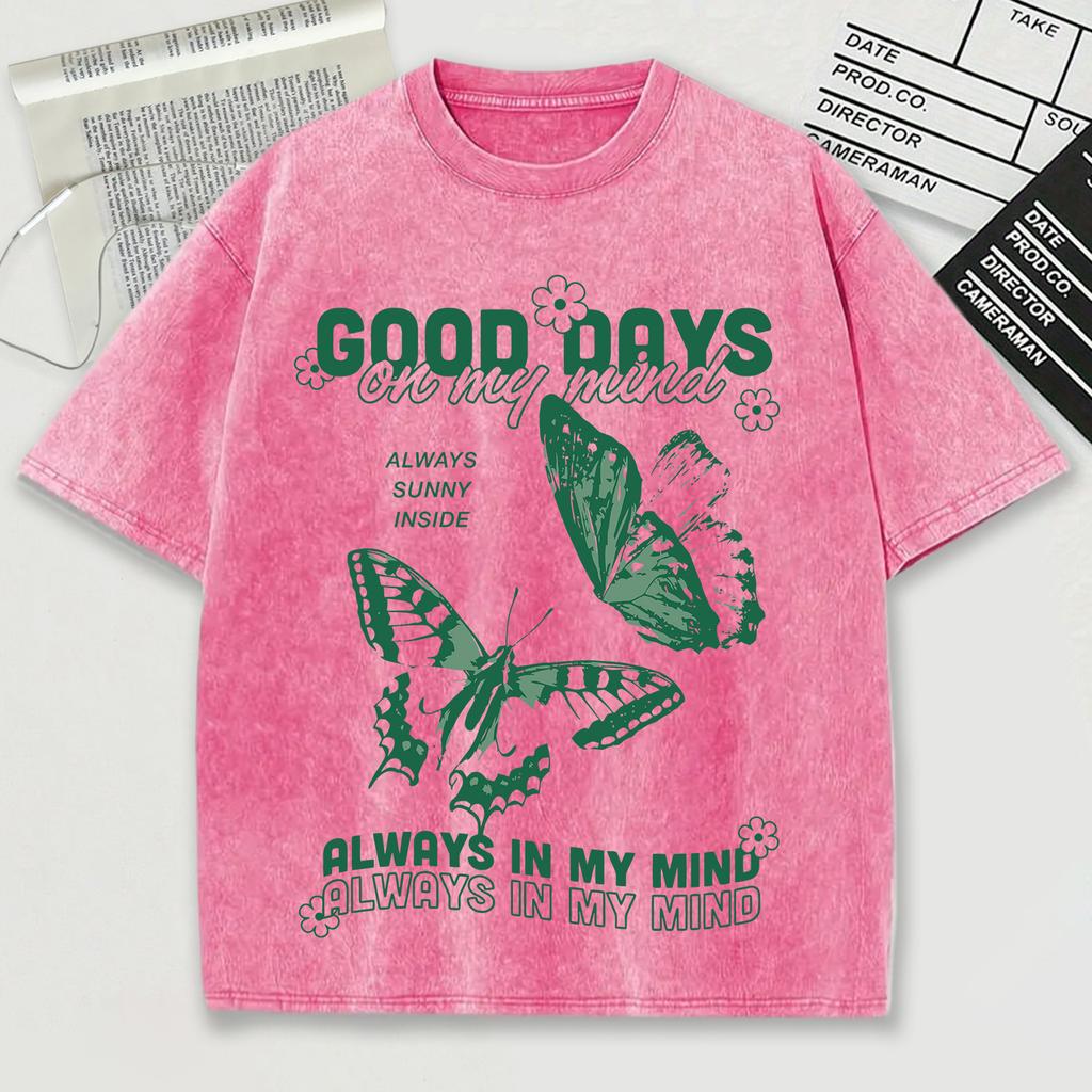 Good Days On My Mund Print Men Washed Tee Shirts Soft Cotton T-Shirt Crewneck Casualwear Street Unisex Short Sleeve
