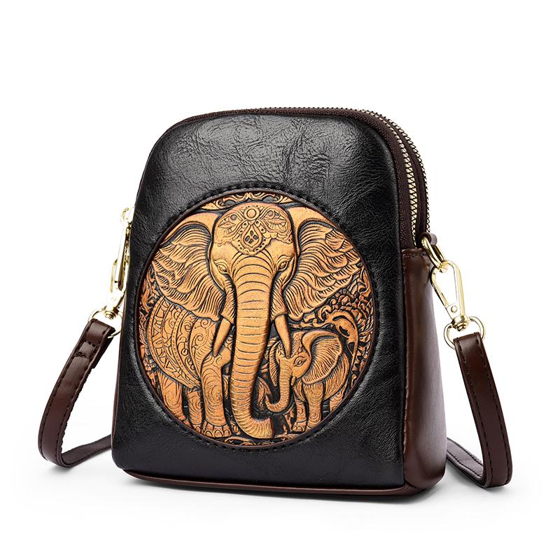 Women's Embossed Elephant Design Crossbody Bag Vintage Leather Shoulder Bag for Daily Use