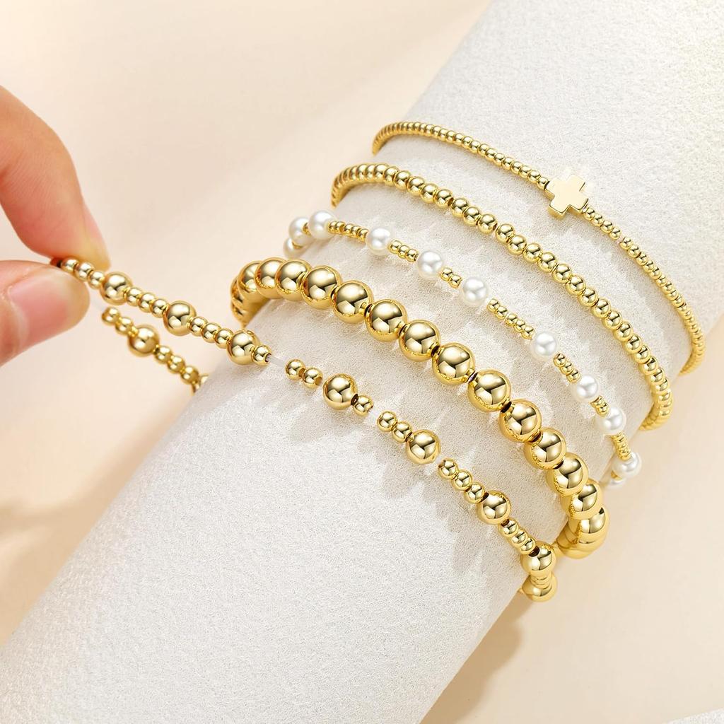 M MOOHAM Gold Beaded Bracelet Set for Women, Pearl Cross Stackable Jewelry | 14K Gold Plated Beaded Bracelets Set, Adjustable Stretch, Non Tarnish