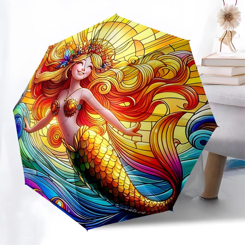 

1pc Stained Glass Mermaid Auto-Folding Umbrella - Portable 3-Fold Design with 8-Bone Iron Frame, Perfect for Outdoor Use, Festive Gifts, Travel, Daily