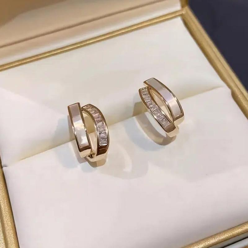 Golden Double-layer Huggie Hoop Earrings with Shell and Rectangular Zircon, Women's Minimalist Geometric Earrings, Fashionable Jewelry Gift
