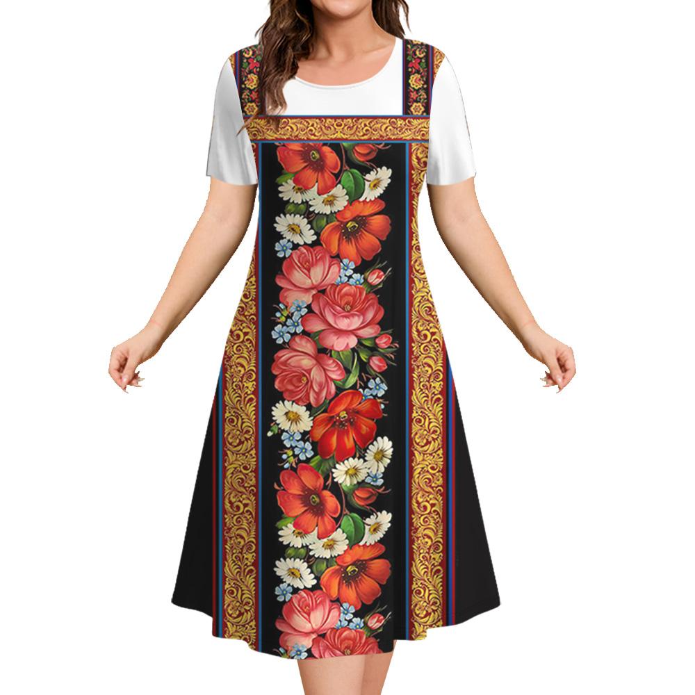 Ethnic Style Women's A-line Skirt Summer Fashion Casual Dress Flower Clothes Ladies Loose Casual Round Neck Dress