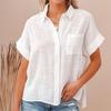 Women Solid Color Short Sleeve Button Up Top with Pocket Shirt Turn Down Collar Blouse Plus Size Summer