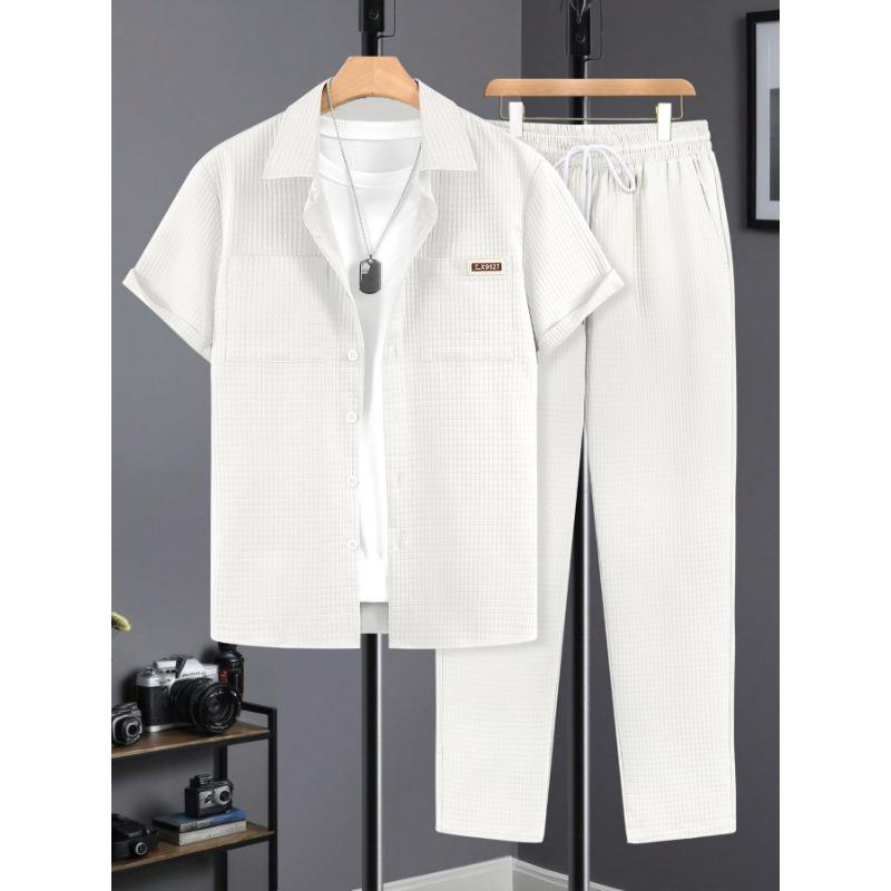 Men's Spring Summer Waffle Texture Two Piece Set Casual Short Sleeve Shirt and Pants Outfit