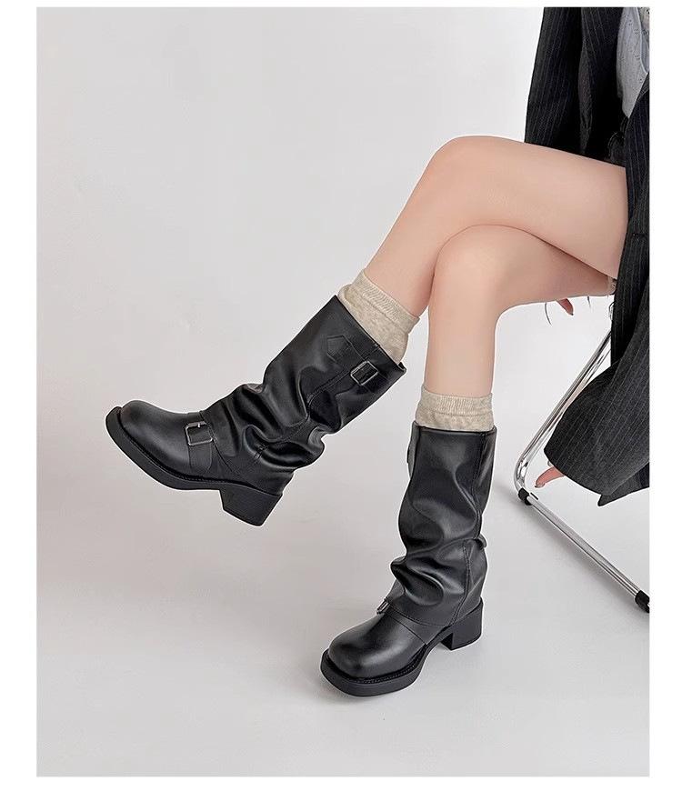 Retro style round head sleeve trouser tube boots women's belt buckle 2025 autumn and winter fold stack boots Martin boots fashion boots