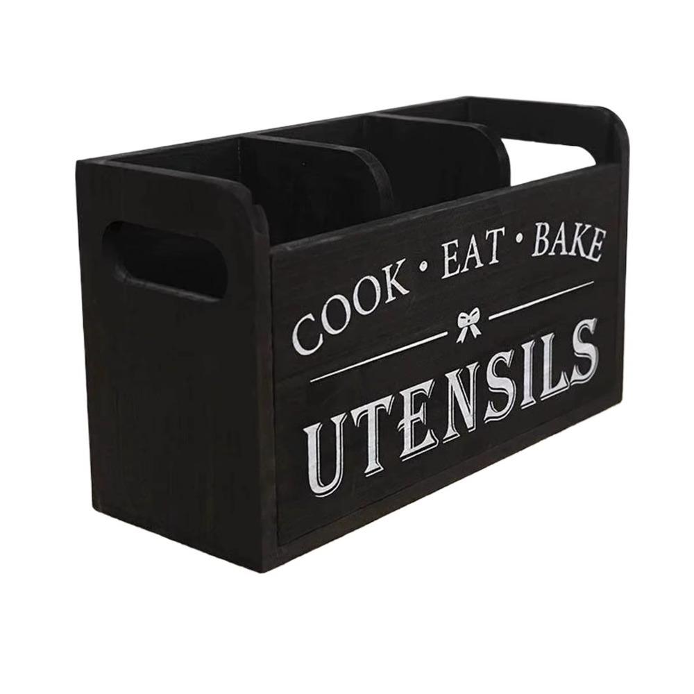 

3 Compartments Wood Kitchen Utensils Holder With Drainage Holes Space Saving Utensil Organizer Wood Material Tableware Stand чорний