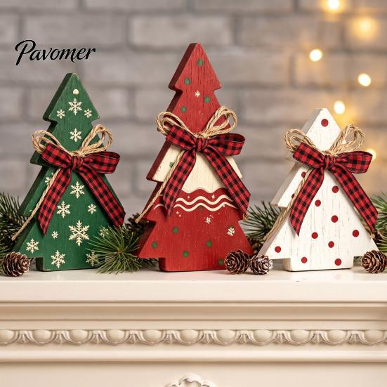 Vintage Country Style Home Accents 3Pcs Wooden Christmas Tree Ornaments with Plaid and Hemp Rope Bow, Rustic Farmhouse Small Figurines Polka Dot Xmas