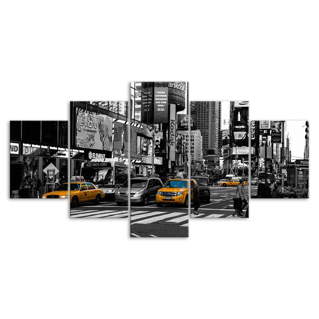 New York City Street Yellow Taxi Cars Black White Scenery 5 Piece Five Panel Wall Canvas Print Modern Art Poster Home Decor Gift For Him Her