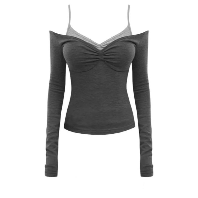 260g Cotton Modal Korean V-Neck Ruffle Slimming Long-Sleeve Two-Piece Top Small черный серый