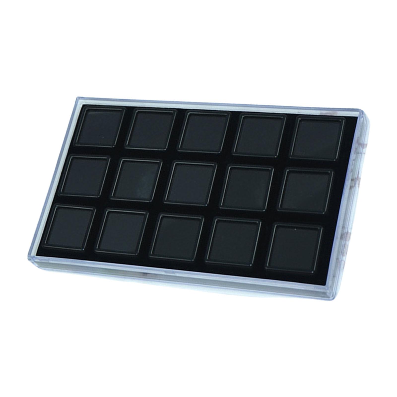 

Акриловая коробка для демонстрации ювелирных изделий с 15 отделениями для хранения драгоценных камней и демонстрации колец, с крышкой и внутренним наполнением из губки чёрный