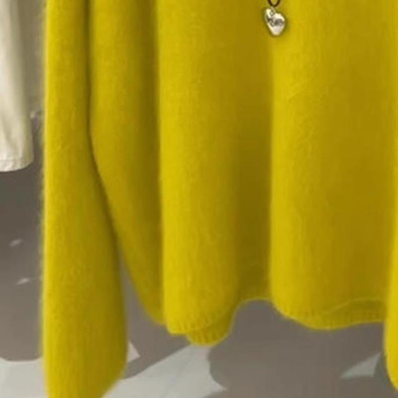 Lemon yellow round neck mohair sweater autumn and winter versatile temperament mink fleece soft waxy knitted sweater