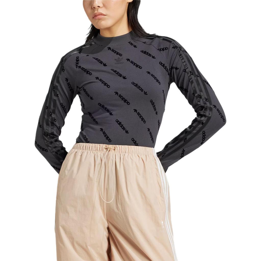 adidas Originals Long Sleeve Top Letter Print Sports Slim Fit T-Shirt Women Tops Carbon-Black JE8355