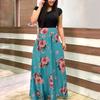 Women Short Sleeve Floral Printed Patchwork Prom Cocktail Large Swing Maxi Dress