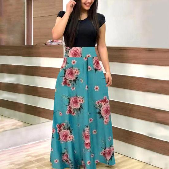 Women Short Sleeve Floral Printed Patchwork Prom Cocktail Large Swing Maxi Dress