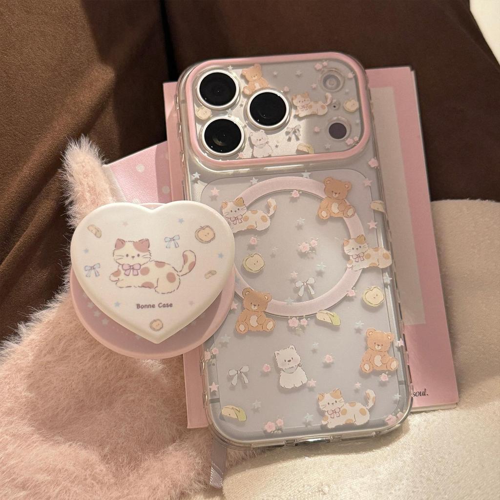 Cute Kitten Heart-Shaped Magnetic Phone Case for iPhone 16, iPhone 17, and iPhone 17 Pro Max