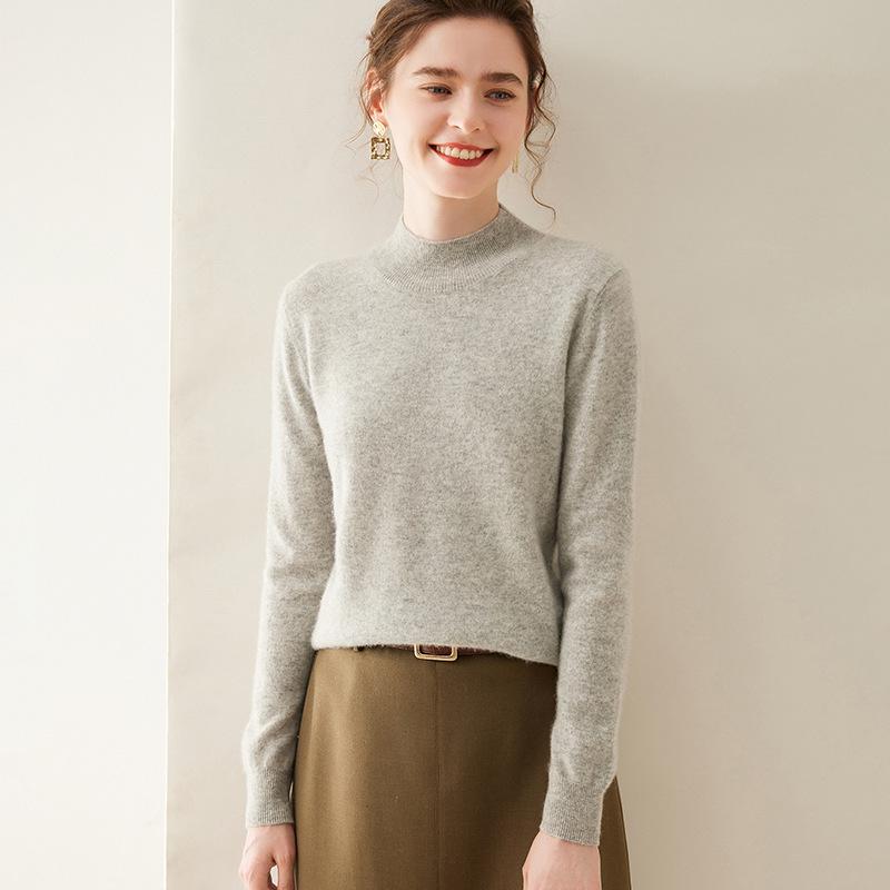 Women's Half-High Neck Cashmere Sweater - Solid Color Inner Layer Pullover