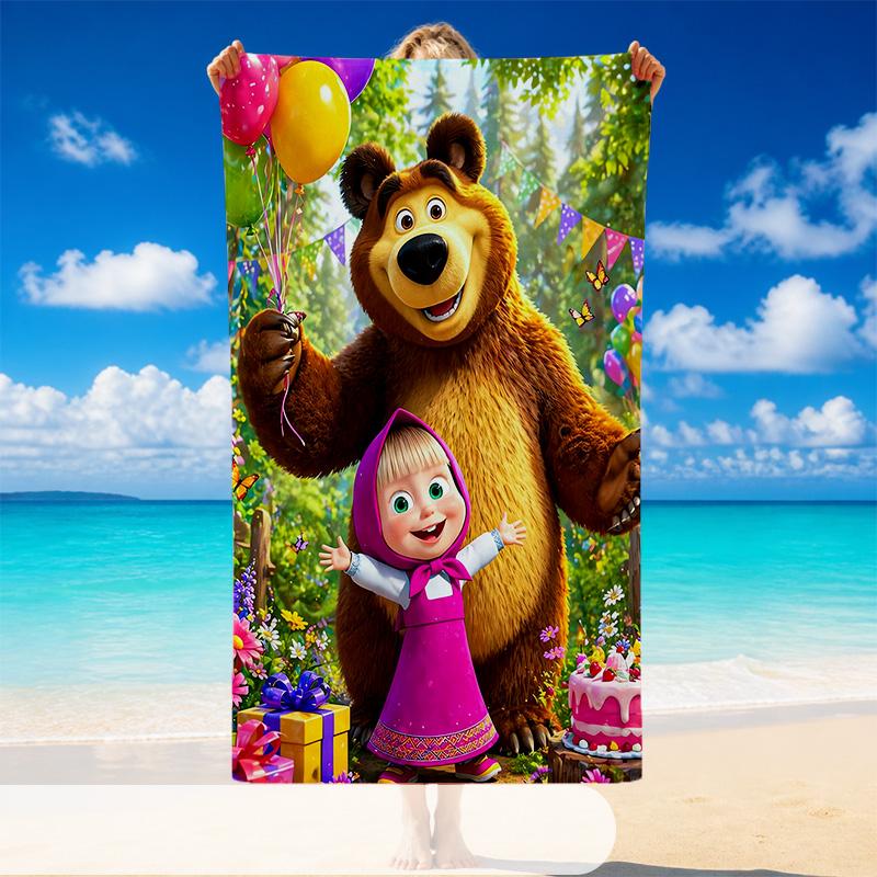 Quick Dry Beach Towel Masha and the Bear Pattern, Lightweight Absorbent Towel for Pool Beach Vacation Use