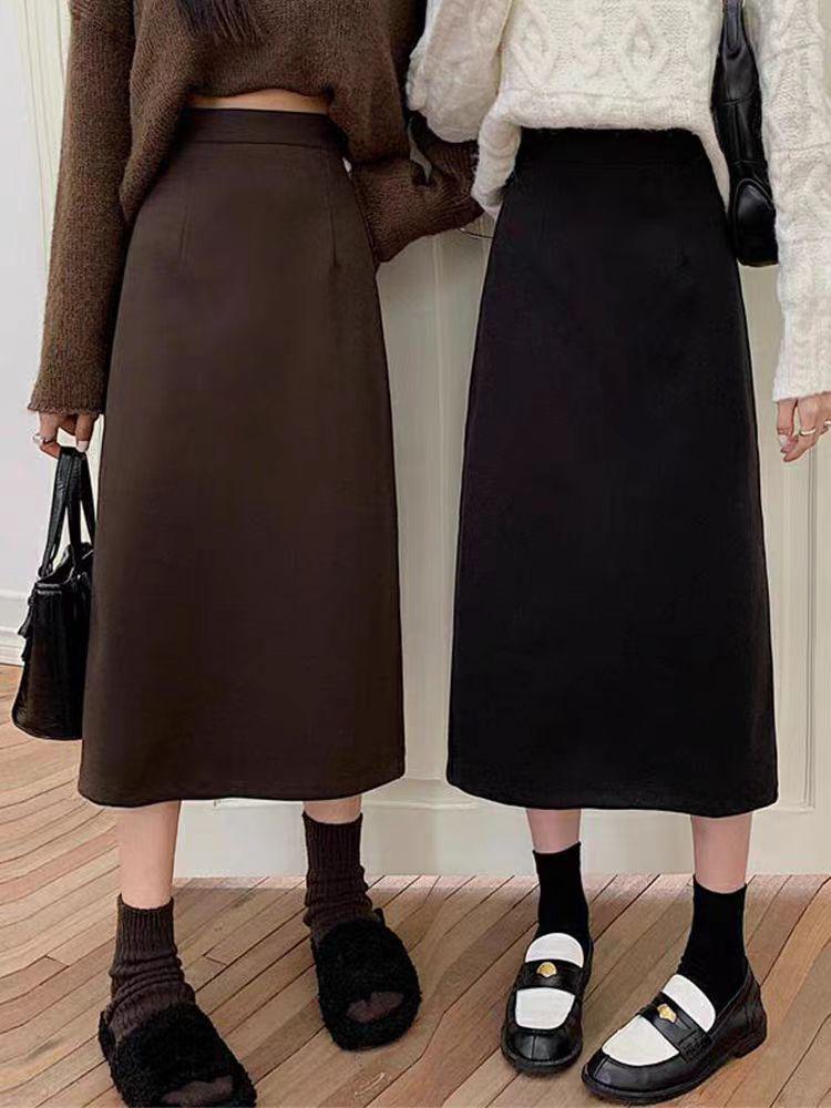 2025 Autumn/Winter Plus Size High-Waisted Slimming Bodycon Skirt with Slit for Women