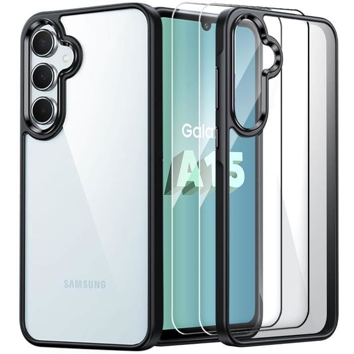 Coque - BOOLING - pour Samsung Galaxy A15 - Silicone Noir - Dos Transparent - 2 Verres Trempés