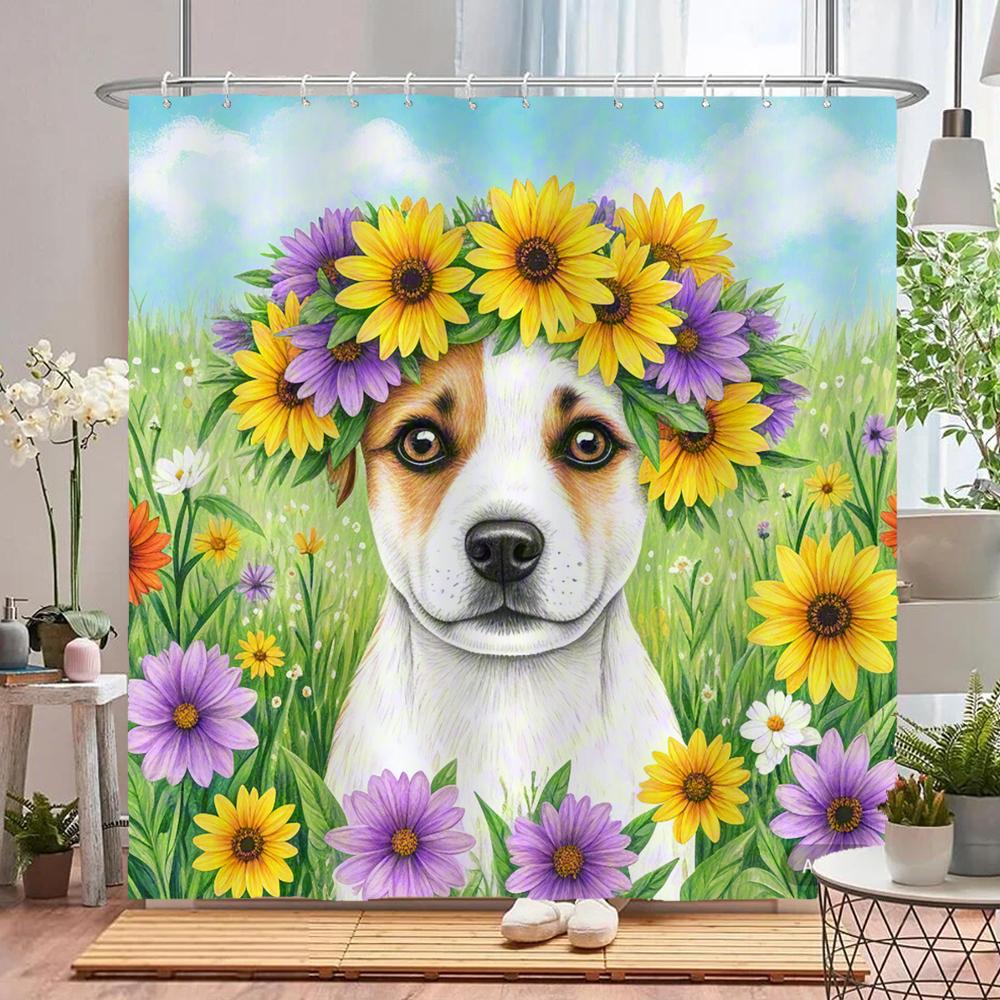 watercolor flowers and plants dog animal shower curtain Print polyester waterproof bathroom curtains with hook decorate curtain