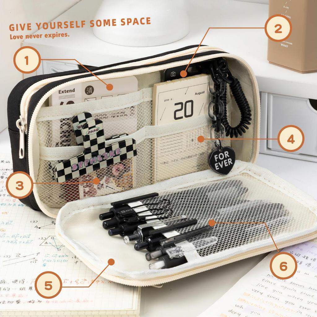 Flip Cover Pencil Bag Pen Case Transparent Front Multi Pocket Oxford Fabric Storage Pouch for Stationery