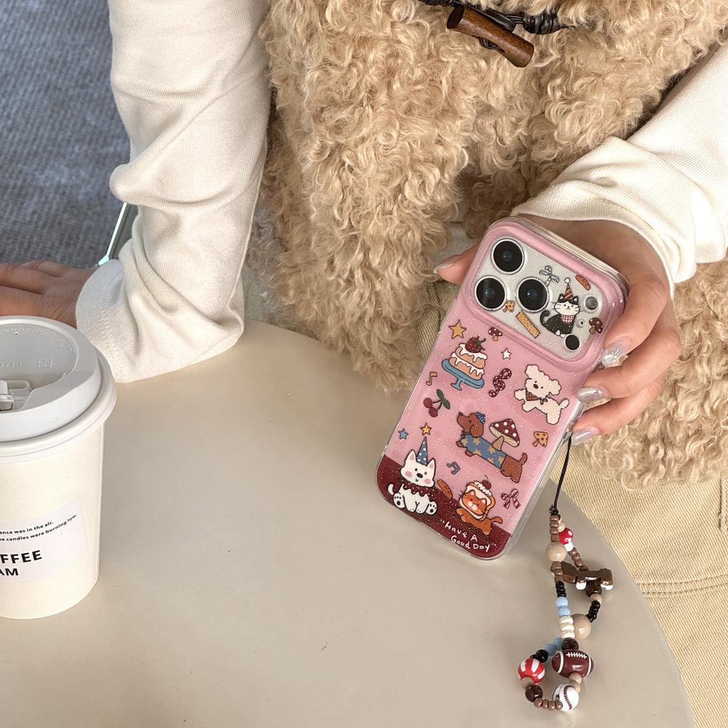 Cute Pink Animal Sparkly Cartoon with Beaded Wrist Chain Phone Case for iPhone 17 16 15 14 11 12 13 Pro Max Plus Back Cover