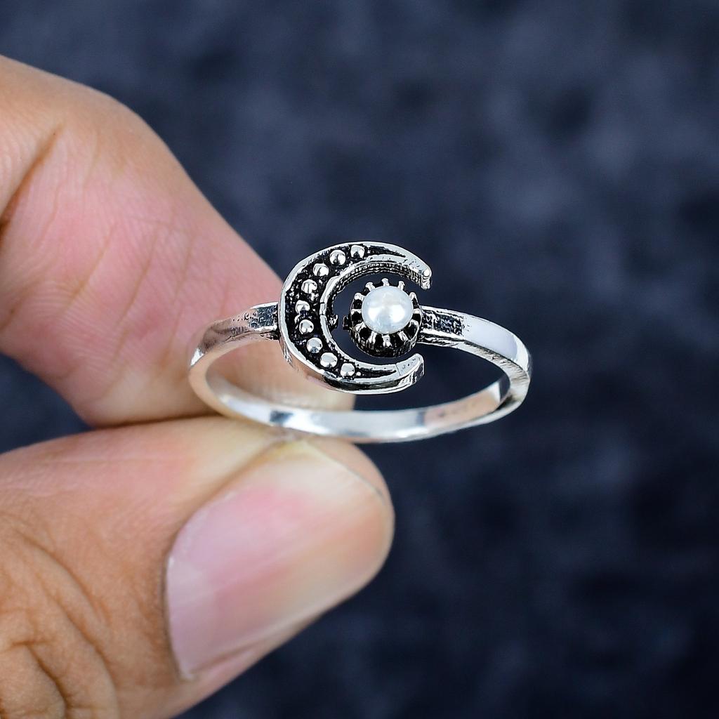 Pearl Gemstone Handmade 925 Sterling Silver Jewelry Ring Size 10 MM-3448