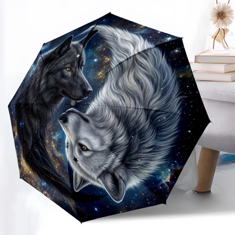 

1pc Sturdy 8-Bone Auto Umbrella, Cosmic Dual Wolf Umbrella, Digital Printed, Foldable Umbrella for On-the-Go Outdoor Use