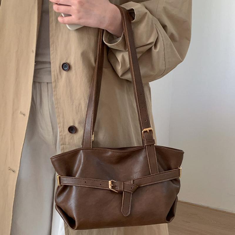 Yogodlns or Daily Commute Shopping Minimalist Vintage Glossy Tote Bag Belt Detail Large Capacity Zipper PU Water Resistant Shoulder Bag
