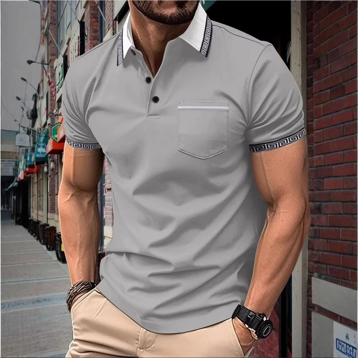 

Summer Men New Short Sleeve Spell Color Polo Shirt Men Business Casual Lapel Golf Polo Shirt Tops 100% Polyester 3XL сірий