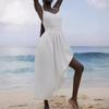 Sexy Backless Cotton Linen Casual Dress Women Summer Sleeveless Elegant Casual Beach Dress Woman Lace-up Party Solid Loose Dresses Female 1031