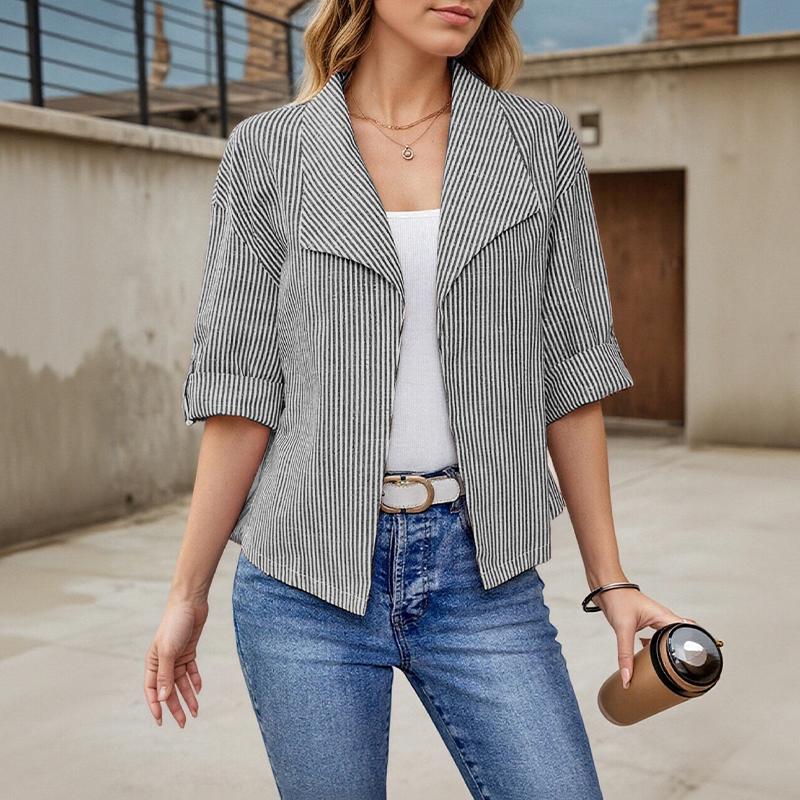 ZANZEA Women Casual Turn Down Collar Long Sleeve Stripe Print Cardigan Blouse