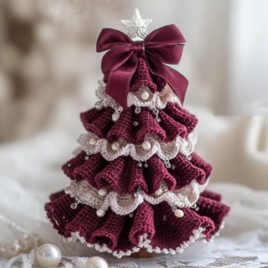 DIY Crochet Christmas Tree Kit Small Xmas Tree Craft Kit with Bow And Faux Pearl Handmade Holiday Decoration for Beginners